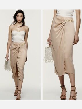 Zara Satin Wrap Midi Skirt Champagne Gold Ring Detail Draped S NWT